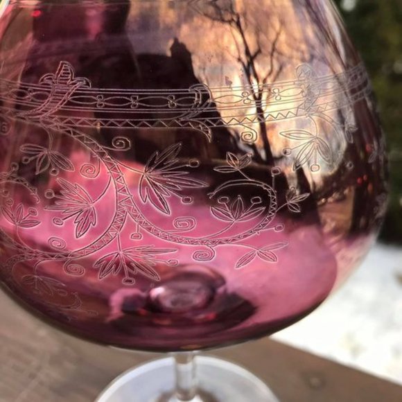 Belfor Barware Brandy Short Stemmed Snifter Engraved Cranberry Crystal Glass New - Picture 4 of 5